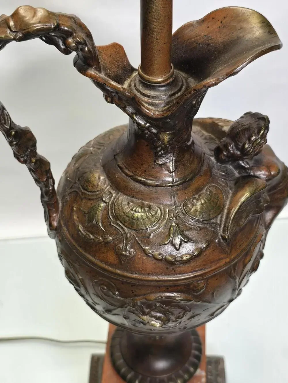 Grand Tour Style Bronze Figural Ewer Lamp Red Marble Base Heavy 29